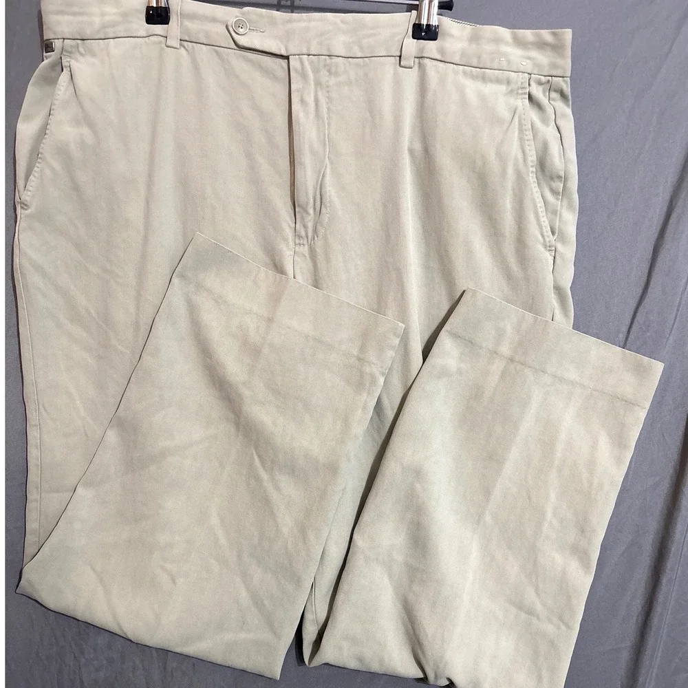 Tommy Bahama Mens 40x32 Silk Cotton Herringbone Flat Front Pants Khaki Beige